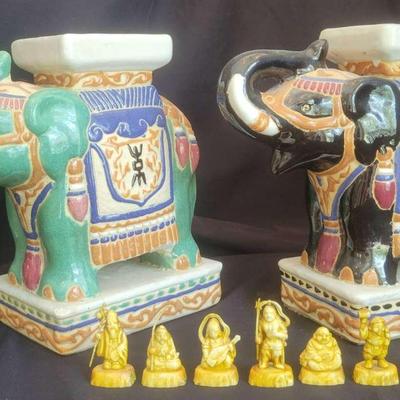 Colorful Ceramic Elephant Stands with Miniature Buddhas