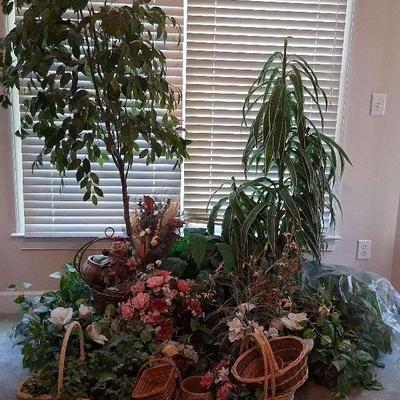 Large Assortment of Faux Plants, Flowers & Baskets