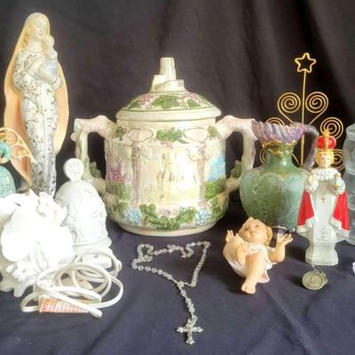 Decorative Religious and Ceramic Accents with Lidded Jar