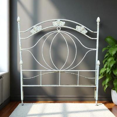 Lot #130 Vintage White Metal Bedframe with Ornate Headboard & Footboard - Queen Size