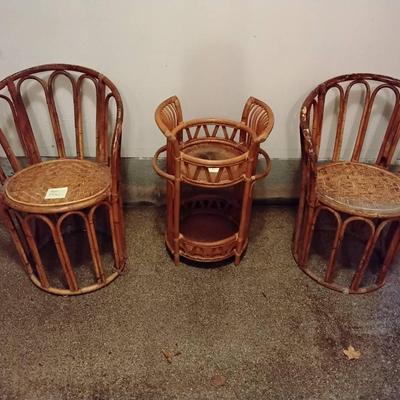 Two Vintage Rattan Chairs And Table