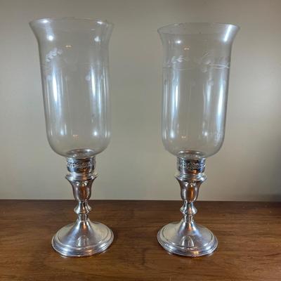 Pair Of Weighted Sterling Hurricane Lamps And Chimneys 