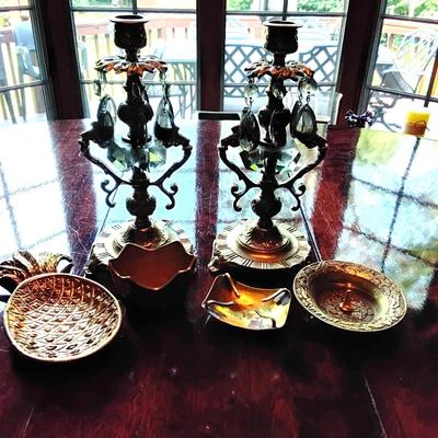 Lot Of Decor Including Brass Candle Holders With Smoke Glass Prisms