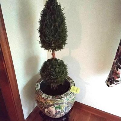 Large Oriental Pot With Stand And Topiary
