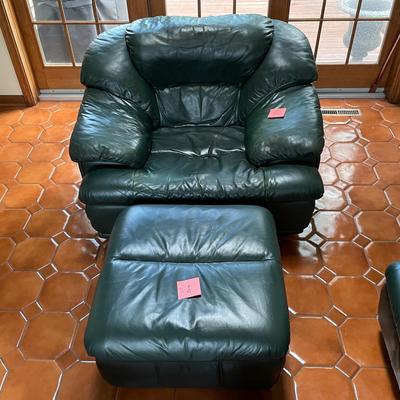 Green Leather Arm Chair And Footstool