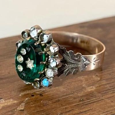 Antique 14k Gold Ring With Green And White Stones