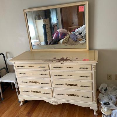 Vintage Painted French Provincial Long Dresser With Mirror