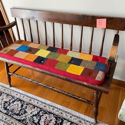 Vintage Wooden Bench With Patchwork Cushion