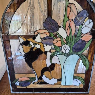 Stain Glass Hanging Panel Of Cat And Flowers 