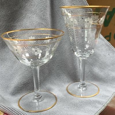 Moser Bohemian raised Gilded floral optic wine, dessert, and water glasses