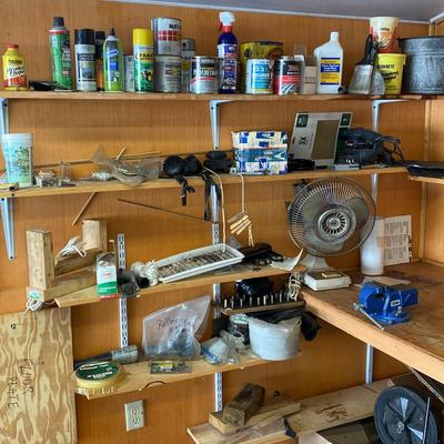 Shelf Lot: Electric Sander, Vice, Painting Supplies