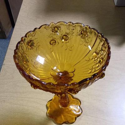 Vintage Fenton Cabbage Rose Tall Compote Candy Dish Amber Glass