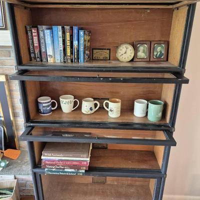 Black Antique Bookcase With Glass Doors And Contents