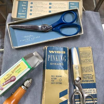 Vintage Pinking  Shears And Sewing Items