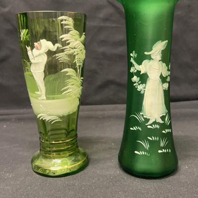 Mary Gregory-style Vases with Hand-painted White Enamel Figures