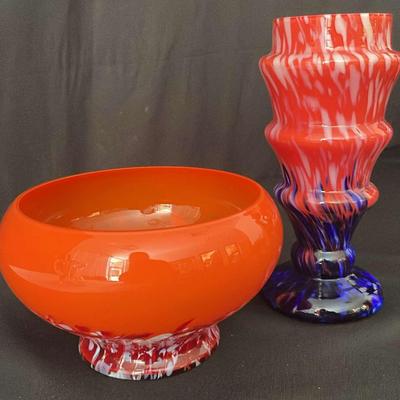 Czech Splatter Glass Vase And Bowl 