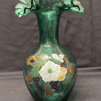 Fenton Art Glass - Hand-painted Green Vase 