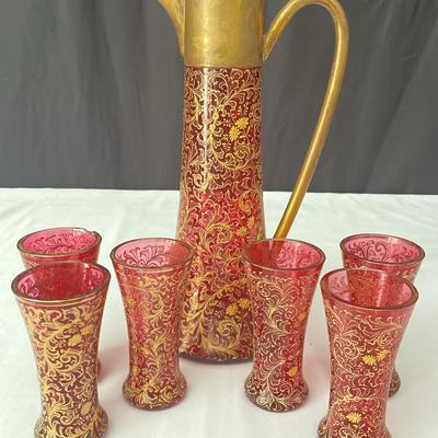 Bohemian Glass Pitcher And Six Glasses 