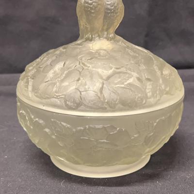 Art Deco Frosted Glass Powder Jar with 2 Birds on Lid