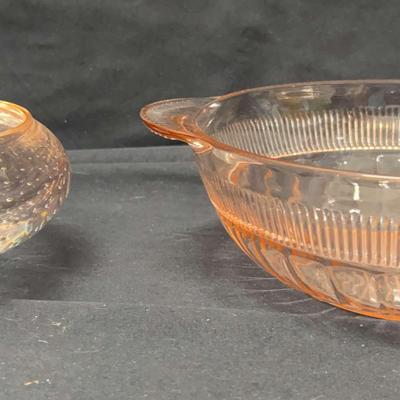 Pink Depression Glass Dish & Pink Bubble Dish (signed)