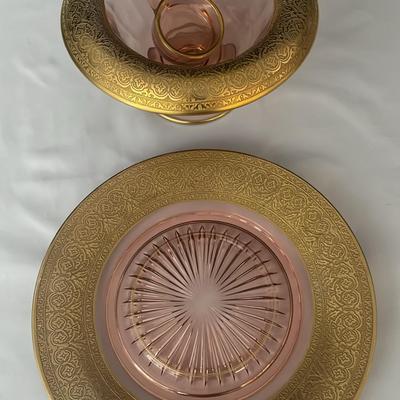 Pink Depression Glass With Gold Set 