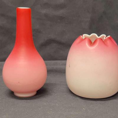 Victorian Pink Satin Glass Rose Bowl and Vase