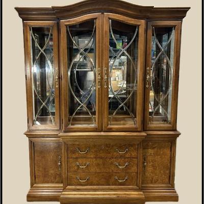 2-Piece Lighted Display Hutch. Nice Brass Came and Beveled Glass