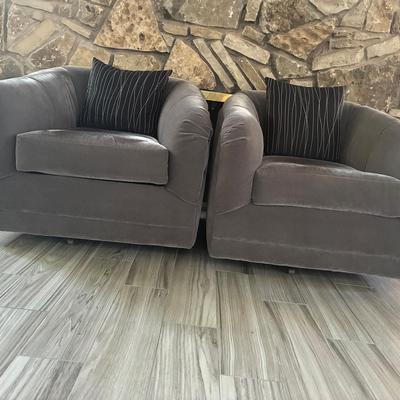 Swiveling Grey Velour Barrel Chairs
