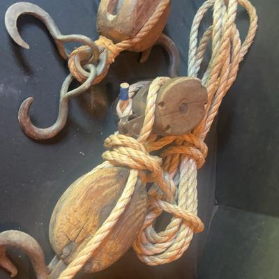 Antique Nautical Ship Block-and-Tackle Pullies With Rope