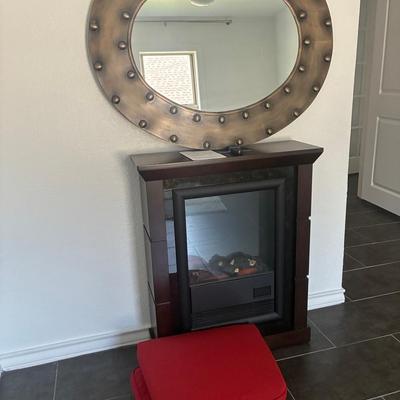 Compact Electric Fireplace, Mirror, Red Seat Cushions