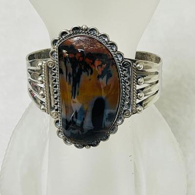 Navajo Silver Petrified Wood Agate Bracelet 