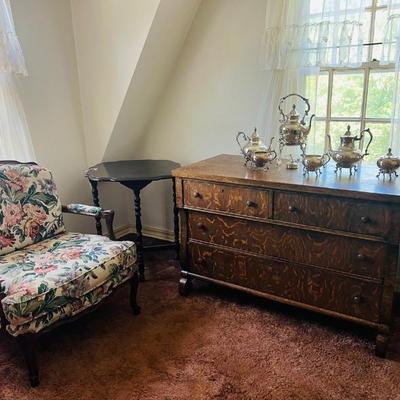 Sale Photo Thumbnail #13: Tiger Oak Dresser with Silver Pot Set
