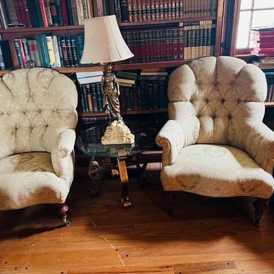 Antique Brocade White Tufted Chairs - circa 1930s