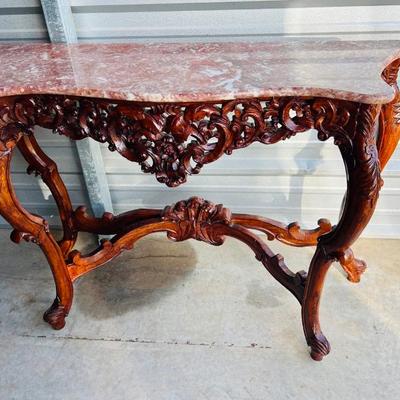 Hand Carved Rare Pink Marble Top Entry Table