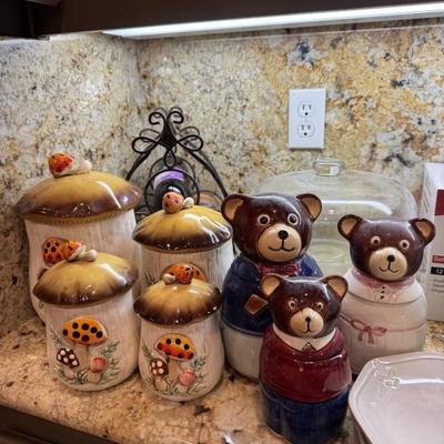 Sale Photo Thumbnail #1: Vintage test bear canister set, merry mushroom canister set