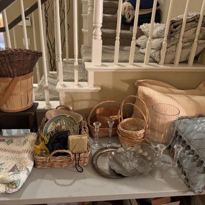 Sale Photo Thumbnail #8: Silver plate, quilts, pillows, wicker baskets, decorative plates, crystal candlestick holders
