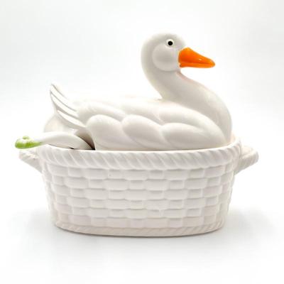 Vintage Ceramic Goose Tureen w/ Basketweave Design