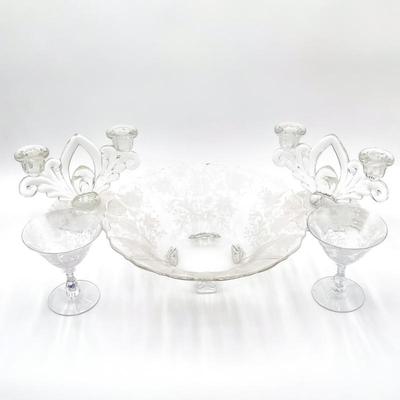 5 Cambridge Glass Wildflower Pattern Pieces, 1930s