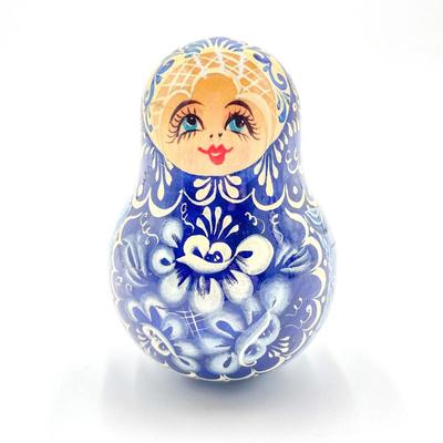 Handpainted Russian Roly-Poly Toy in Blue Floral Design