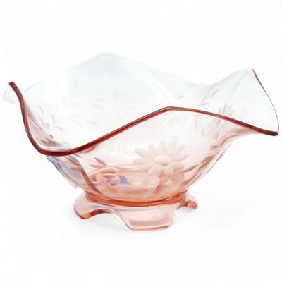 Vintage Pink Depression Glass Ruffled Bowl