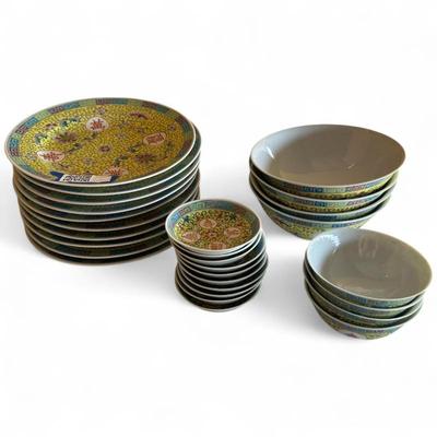 Vintage Chinese Famille Jaune Yellow Ceramic Dish Set