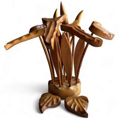Mid-Century Modern Wooden Flower Arrangement Sculpture