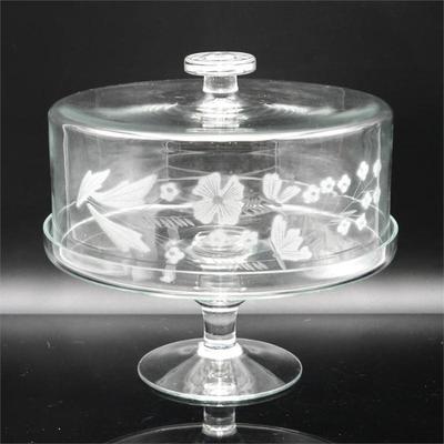 Vintage Hand Etched Pedestal Cake Stand w/ Dome