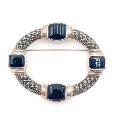 Sterling Silver Brooch With Onyx and Marcasite Accents