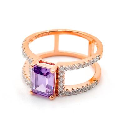 Rose Gold-Finished 925 Silver Ring with Amethyst & CZ Stones Size 8