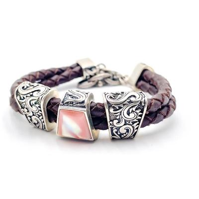 Carolyn Pollack 925 Sterling & Pink Mother of Pearl Braided Leather Bracelet