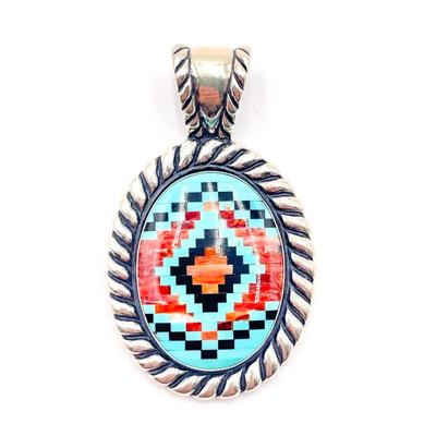 Carolyn Pollack Relios 925 Silver Turquoise Multi Stone Mosaic Inlay Pendant