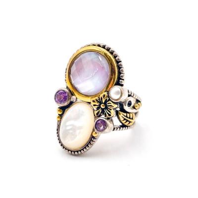 Echo of the Dreamer 925 Sterling Silver, Bronze, MOP & Amethyst Ring Size 6.5