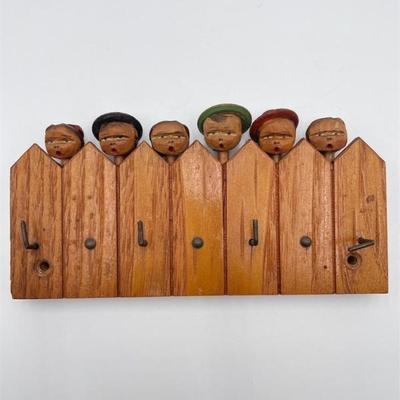 Carved Wood Key Holder with Figures in Hats