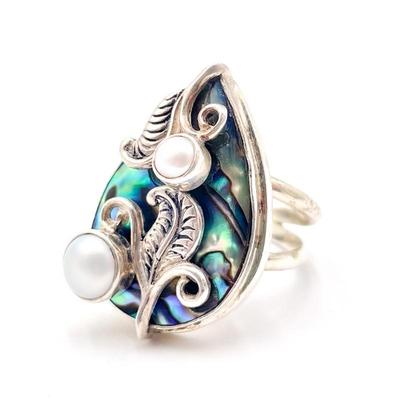 Merav 925 Sterling Silver Ring with Abalone and Pearls Size 7